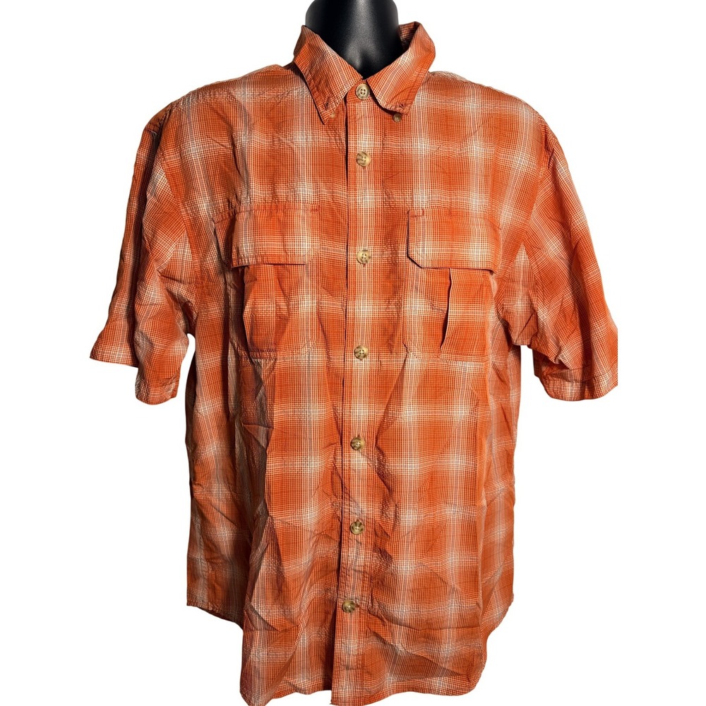 Duluth‎ Trading Co Fishing Shirt Mens Large Orange Plaid Short Sleeve Button